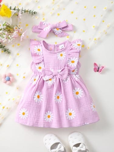 LUJENGEFA Baby Girl Dress Summer Outfits Clothes Casual Cotton Linen Ruffle Sleeveless Sundress Purple 3-6 months — view 2