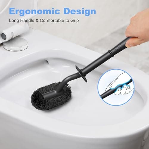 HAMITOR Toilet Bowl Brush Holder Set: Curved Design with Holder for Deep Cleaning Under Rim - Compact Hidden Cleaner Scrubber for Small Space - Home RV Bathroom Accessories - Black 2 Pack — view 5
