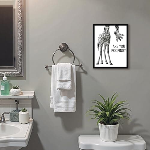 WRFON Framed Giraffe Bathroom Wall Art, Funny Giraffe With Are You Pooping Artwork Print, Black and White Animal Canvas Wall Painting, Modern Farmhouse Decoration for Home Decor, 8" W x 10" L — view 2