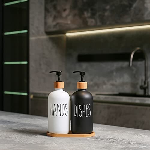 MOMEEMO Glass Soap Dispenser Set, Contains Hand Soap and Dish Soap Dispenser.Suitable for Kitchen Decor. (Black & White) — view 2
