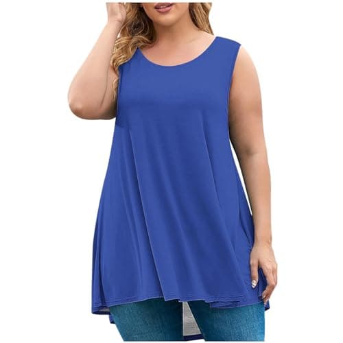 Womens Plus Size Tunic Tops Loose Fit Summer Casual Shirts Sleeveless Crewneck Flowy Blouses Wide Strap Camisole Blue