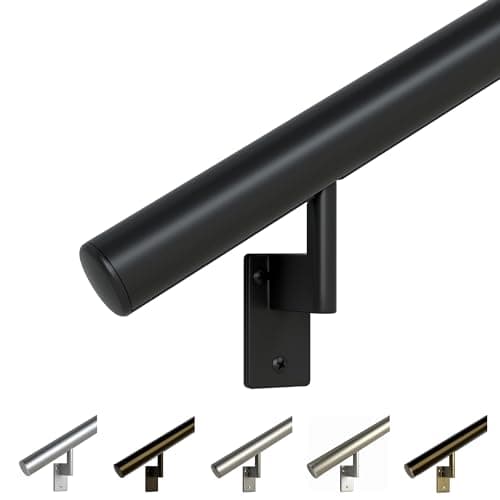 Promenaid Satin Black 11ft Flush Handrail Kit - Indoor/Outdoor Stair Handrail - Modern 1.6" Round Satin-Anodized Aluminum Railing with 4 Satin Black Painted Pivoting Wall Brackets & Flush Endcaps