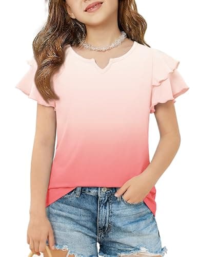 Arshiner Girls Short Sleeve Shirts Cute Little V Neck Double Layer Ruffle Tops Casual Summer Outfits Kids Clothes Pink 11-12 Years