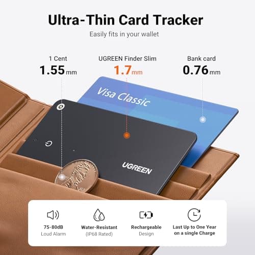 UGREEN FineTrack Slim Smart Finder Compatible with Apple Find My (iOS Only), 1.7mm Ultra-Slim Wallet Finder, IP68 Waterproof Rechargeable Bluetooth Tracker Card for Wallet, Key, Luggage Tags — view 5