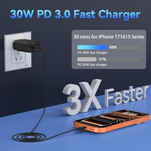 30W USB C Phone 15 Charger Fast Charging Block for iPhone 15/15 Pro Max/15 Pro/15 Plus/Samsung Galaxy S23 Ultra/S23/S23+/S22/S22 Ultra/S22+/S21 Ultra/S20 Ultra/Note 20 & 6.6Ft USB C Charger Cable — view 3