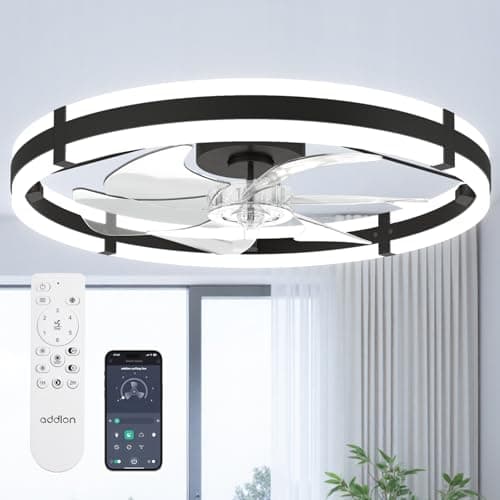 addlon 24'' Ceiling Fans with Lights and Remote, Low Profile Flush Mount Ceiling Fan with Light, 3000-6000K Dimmable LED Fandelier, Modern Small Black Ceiling Fan for Bedroom, Kitchen, Living Room
