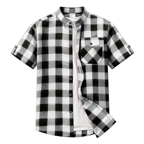 Men's Casual Short Sleeve Button Down Shirt, Checkered Pattern Stand Collar Top with Chest Pockets for Summer Wear Black — view 3