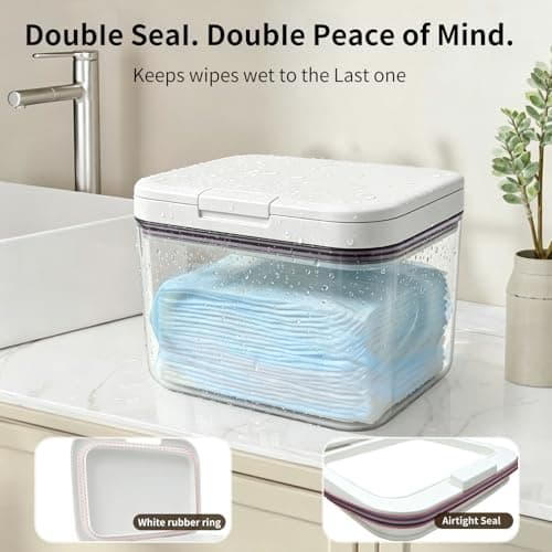 Double-Seal Protection Makeup Wipes Container, Clear Flushable Wipes Dispenser, One-Hand Open Makeup Remover Wipes Dispenser Keeps Wet Wipes Fresh for Bathroom (White) — view 3