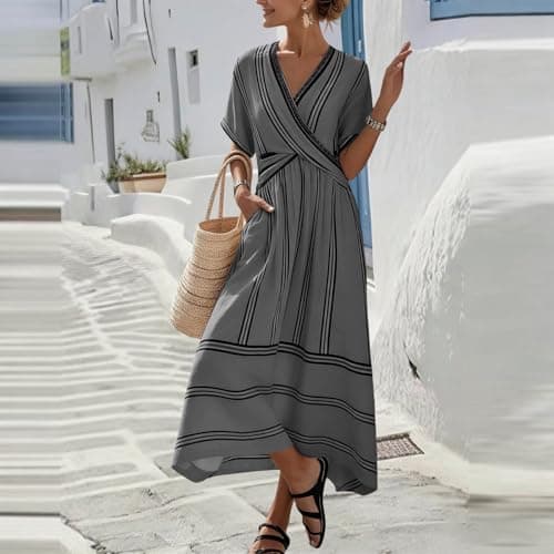 Women's Summer Boho Striped Print Midi Dress Short Sleeve Deep V Neck Criss Cross Empire Waist Flowy Beach Dress Gray-L — view 2