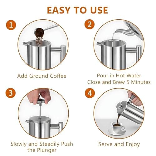 Small French Press Coffee Maker 1 Cup - 12oz/350ml Single Cup Metal French Press(1 Cup), Stainless Steel Double Wall Insulated Coffee & Tea Maker w/ 3 Extra Screens + 1 Spoon (Silver), Dishwasher Safe — view 5