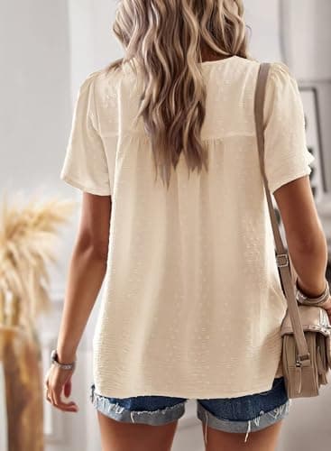 Falechay Cute Tops for Women Lace Pom Pom Babydoll Flowy Maternity Blouses Boho Round Neck Tunic Short Sleeve Girls Loose Apricot XS — view 2
