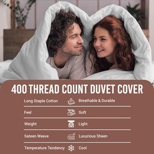 Pizuna Pure 100% Cotton Queen Duvet Cover with Shams, Luxurious 400 Thread Count Long Staple Cotton Sateen Weave with Hidden Button Closure (Combed White Cotton Duvet Covers Queen) — view 3