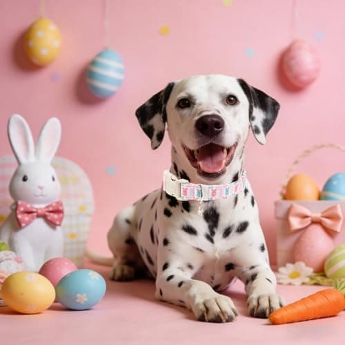 Maca Bates Easter Basic Dog Collar with Rabbit Charm for Small Girl Boy Dogs, Colorful Bunny Pattern,Adjustable Durable Soft Collars Festival Gift for Male Female Puppy — view 2