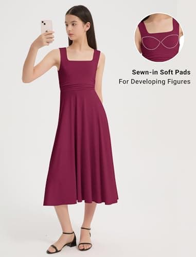 EXARUS Girls Dress Mini/Maxi Teen Padded Flowy Ruffle Ruched Swing Sleeveless Summer Dresses Graduation Dance 8-14Y, Maxi Wine Red, 12 Years — view 2
