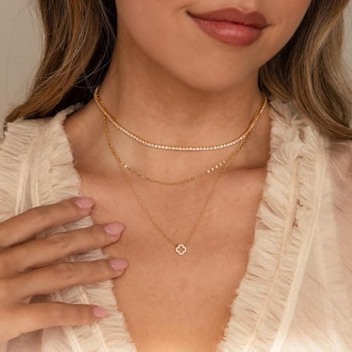 Mothers Day Gifts for Mom Dainty Gold Necklaces for Women Trendy Non Tarnish 14K Gold Plated Cubic Zirconia Necklace Layered Simple Cute Four Leaf Clover Choker Jewelry Birthday Gifts (Cable Small CZ, Gold) — view 8