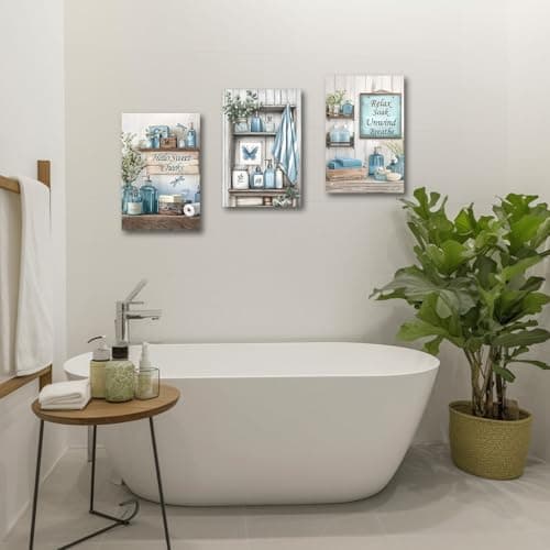 CXHOSTENT 3Pcs Blue Bathroom Wall Art Decor Rustic Bathroom Picture Quotes Sign Canvas Prints Farmhouse Toilet Paintings for Washroom Decor Framed (Blue, 11x14inchx3 Pieces) — view 2
