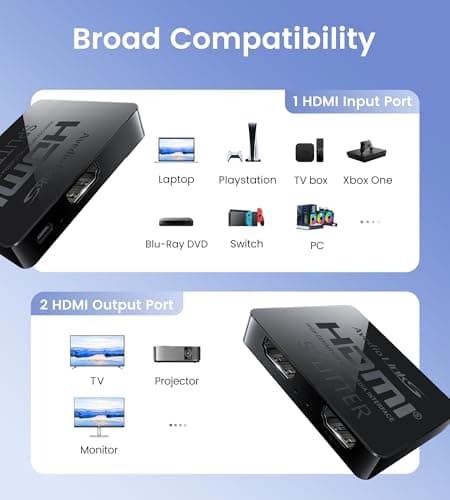 avedio links HDMI Splitter 1 in 2 Out [w/ 4 Ft Hdmi Cable]Not for Extended Display-Mirror Same Screen Only, 4K 1x2 HDMI Splitter 1 to 2 for 3D 1080P@60Hz, Copy 1 Source to 2 Displays at The Same Time — view 6