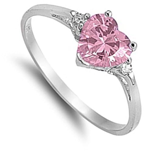 Sterling Silver Pink CZ Heart Ring Love Rhodium Finish Band Solid 925 Size 7