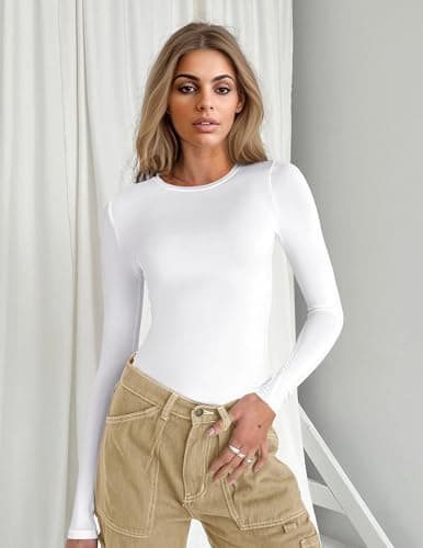 Ekouaer Women's Long Sleeve Shirts Tight Fitted Tops Crewneck Underscrubs Tee Lightweight Basic Thermal Undershirts White L — view 2