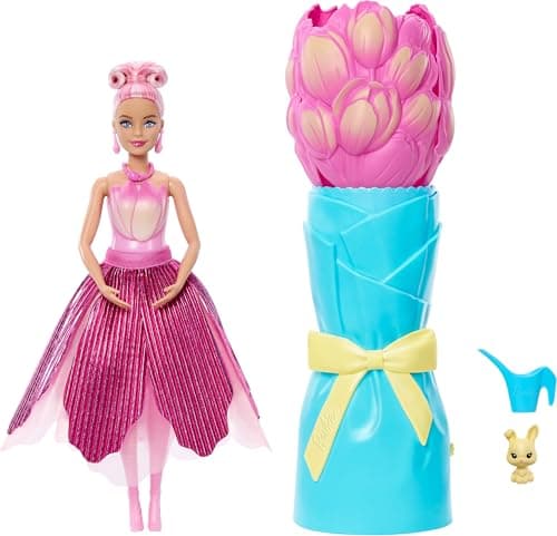 Barbie Petal Pop Scented Doll with Pink Tulip Dress & Accessories, Bouquet Reveal with Pet Bunny & Surprises Like Watering Can, Necklace & Earrings​​​