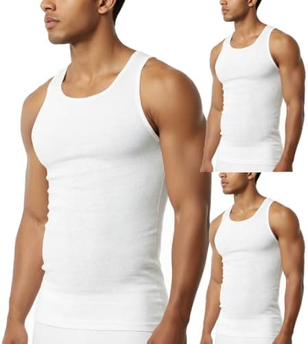 Pure Look Men’s 3-Pack 100% Cotton Ribbed Sleeveless A-Shirt Tank Top Undershirt, White, Large — view 3