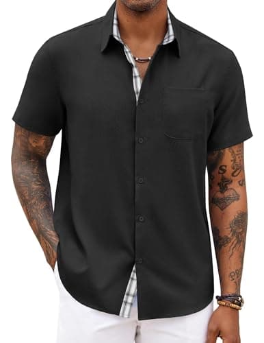 COOFANDY Men's Button Down Shirts Short Sleeve Casual Shirts Summer Beach Shirts Vacation Wedding Shirts with Pocket Black