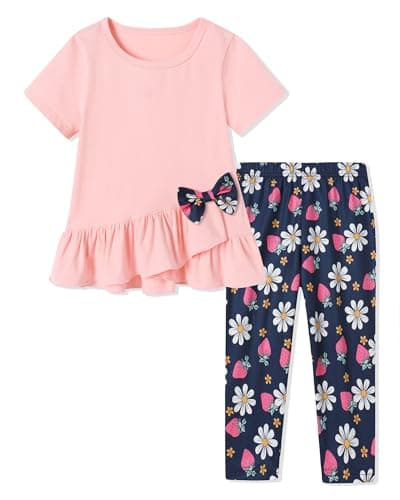 SOLOYEE Girls Clothes 5-6 Years Spring Summer Outfit, Short Sleeve Ruffle Top with Bowknot + Floral Print Capri Pants 2Pcs Set Cute Little Girl Clothing