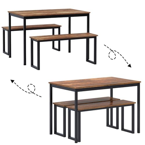 SDHYL Dining Table Set, Kitchen Table with 2 Benches, Space Saving Kitchen Dining Table Set for Living Room, Kitchen Room, Dining Room, Restaurant, Rustic Brown, 44.9 Inches — view 4