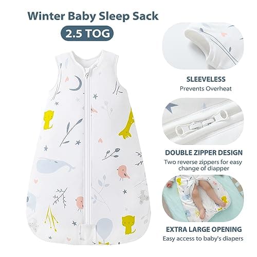 Mosebears Sleep Sack Baby Winter Wearable Blanket with 2-Way Zipper,2.5 TOG Cotton Sleep Sack Unisex (White Animal, 0-6 Months)