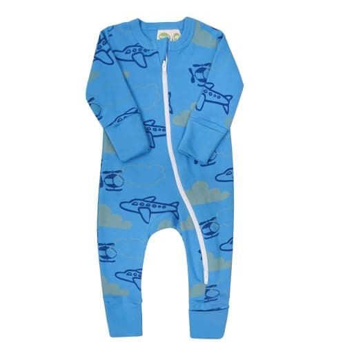 PARADE Organic Signature Print '2-Way' Zip Romper - Long Sleeve Airplanes 0-3M with mitts