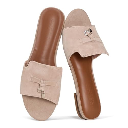 Project Cloud 100% Genuine Leather Sandals Women Dressy - Non-Slip Womens Sandals with Memory Foam Insole Slides for Women Footwear - Lightweight Flat Sandals for Women 2026 (Cannes, LATTESUED,8M)