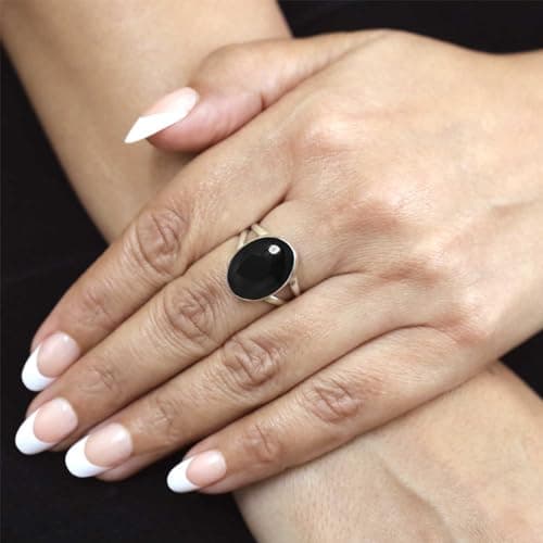 JEWELOPORIUM Black Onyx Silver Ring Size 7, 925 Sterling Silver Ring for Women, Genuine Chunky Oval Gemstone Handmade Jewelry — view 2
