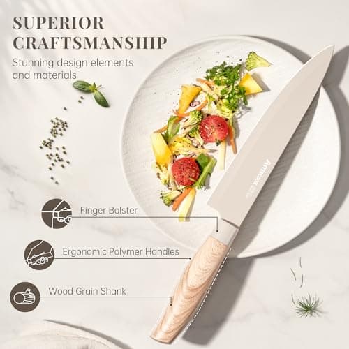 Astercook Knife Set, 6-Piece Kitchen Knife Set with Block, High Carbon Stainless Steel Ultra Sharp Kitchen Knives, Wood Grain Handle, Dishwasher Safe Knife Block Set, Khaki, Kitchen Utility Knives — view 4