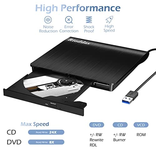 Rioddas External CD/DVD Drive for Laptop, USB 3.0 CD DVD Player Portable +/-RW Burner CD ROM Reader Writer Disk Duplicator Compatible with Laptop Desktop PC Windows Apple Mac Pro MacBook Linux — view 2