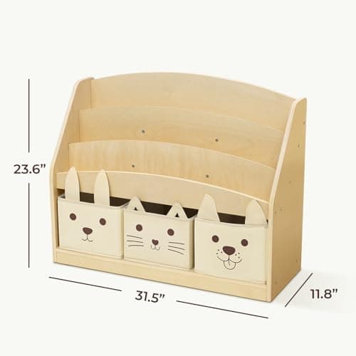 OOOK 3-Tier Kids Bookshelf with 3 Removable Fabric Storage Bins, Front Facing Toddler Montessori Bookshelf, Wooden Bookcase for Kidsroom, Classroom, Playroom, Nursery — view 2