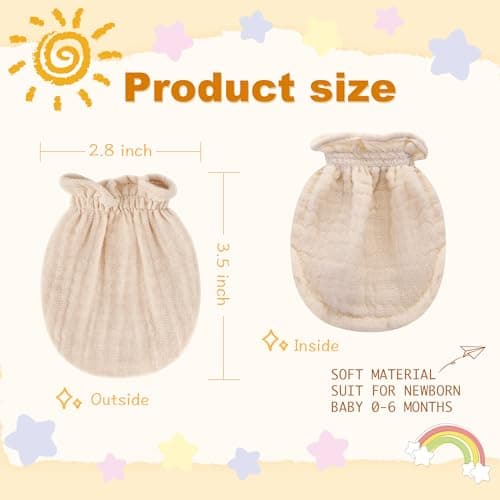 Pro Goleem 3-Pack Muslin Baby Mittens for Newborn, 100% Cotton No Scratch Soft Breathable Gloves with Elastic Strap for Baby Boy and Girls 0-6 months, Brown Beige Grey — view 3