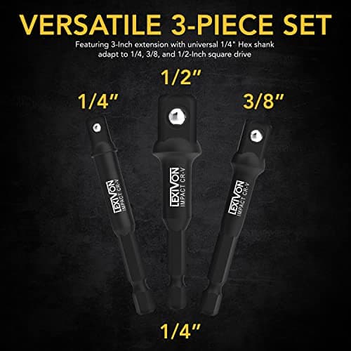 LEXIVON Impact Grade Socket Adapter Set, 3" Extension Bit with Holder | 3-Piece 1/4", 3/8", and 1/2" Drive, Adapt Your Power Drill to High Torque Impact Wrench (LX-101) — view 2