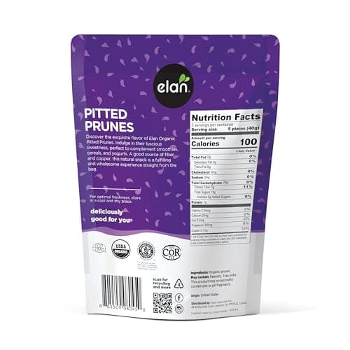 Elan Organic Pitted Prunes, 225g, Natural Dried Fruit, No Sugar Added, Sulphite-free, Non-GMO, Vegan, Gluten-Free, Kosher, Healthy Snack, Dried Plums