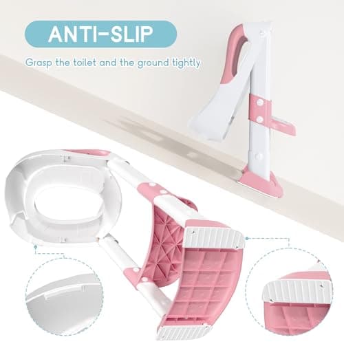 COOSEYA Potty Training Toilet with Step Stool Ladder, Toddler Kids Potty Training Seat for Boys Girls, Foldable Non-Slip Toilet Toddler Seat Splash Guard Soft Cushion Safety Handles (Pink) — view 3