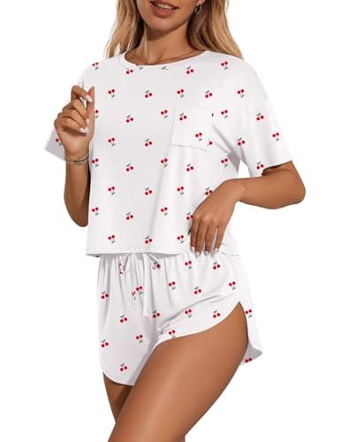Ekouaer Womens Cherry Pajama Sets Sexy Lounge Sets Side Split Short Pj Sets Cute Pjs 2 Piece Comfy Sleepwear Loungewear Little Cherry Large — view 3