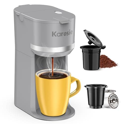 Karosie Single Serve Coffee Maker for K-Cup and Ground Coffee, Fast Brew, 6-12 oz Brew Sizes One Cup Coffee Machine Fits 5.5" Mugs, One-Button Small Coffee Maker with Descaling Reminder,Grey