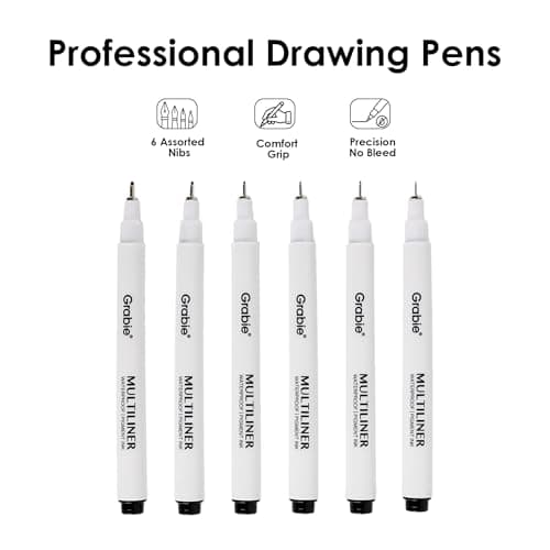 Grabie Micro Fineliner Pens, 6 Black Fine Line Waterproof Drawing Pens, Assorted Point Sizes for Sketching, Illustration, Journaling, Art Supplies — view 3