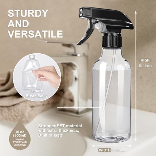Uineko Spray Bottles 2-Pack, 10 Oz, Mist & Stream, Heavy Duty Spraying Empty Water Sprayer Bottle, BPA Free Plastic Refillable Containers for Cleaning Solutions, Plants, Hair, Essential Oils (Clear) — view 4