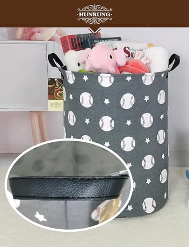 HUNRUNG Round Fabric Collapsible Storage Basket with Handles, Grey Baseball — view 3