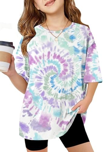 Arshiner Girls Shirts Size 10-12 Oversized Short Sleeve Summer Kids Tops Size 10-12 Casual Crewneck Soft Girls Tee Tops Tie Dye 11-12 Years