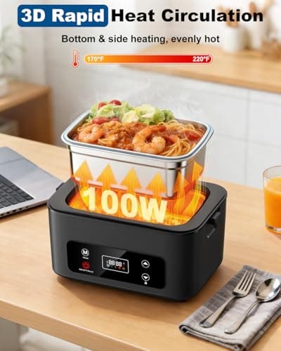 Moexili Electric Lunch Box, 2026 Upgraded 1.2L Cordless Heated Lunch Box, 24000mAh Battery Powered Food Warmer with Timer, 5-Sided Heating, Leakproof, for Office, Outdoors & Truck (Pure Black)
