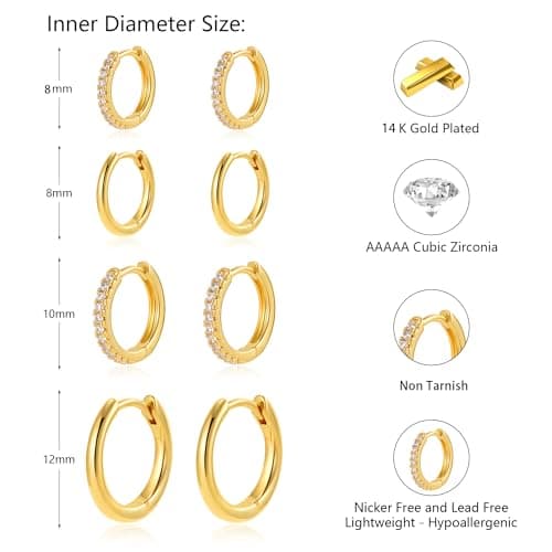 Maxcate Small Gold Hoop Earrings for Women Sensitive Ears Hypoallergenic 14k Real Gold Plated Hoops Zirconia Cartilage Huggie Earrings Set Trendy Helix Piercing Earring Stacks Jewelry for Women Gift — view 4