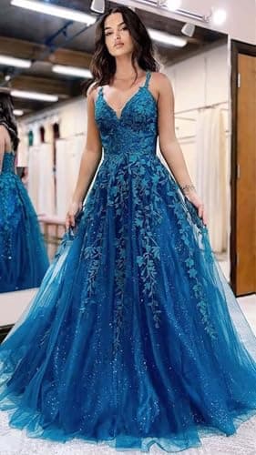 Pairuodas Tulle Lace Appliques Prom Dresses Long Spaghetti Straps A-Line Ball Gown V Neck Formal Evening Party Dress, Burgundy, 6 — view 4