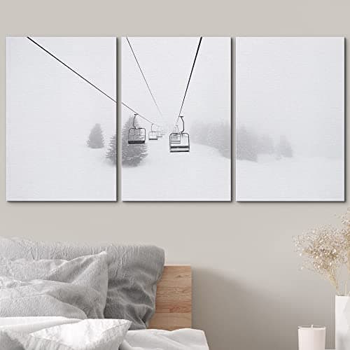 wall26 Canvas Print Wall Art Set Ski Lift on Snowy Winter Mountain Nature Wilderness Photography Realism Rustic Scenic Relax/Calm Multicolor for Living Room, Bedroom, Office - 16"x24"x3 Panels — view 2