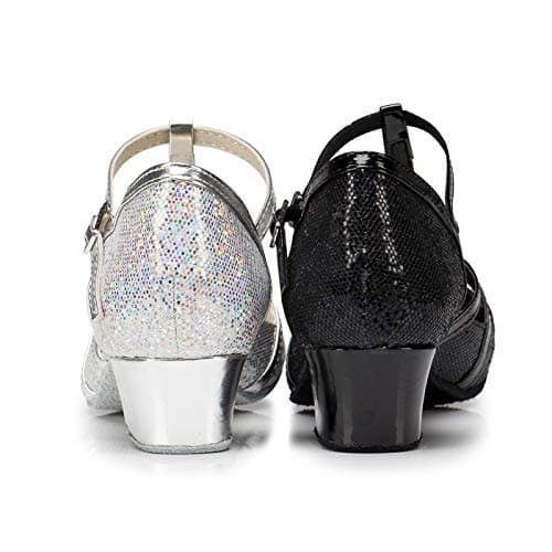 Minishion Women's T-strap Dance Heels Glitter Salsa Ballroom Shoes Wedding Party Pumps, Silver-3.5cm Heel, 10 — view 6